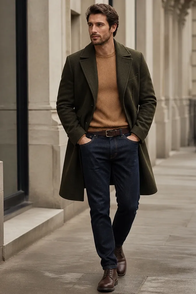 An olive wool coat worn over a camel knit sweater with dark indigo jeans; the person wears dark brown leather lace-up boots and a structured belt.