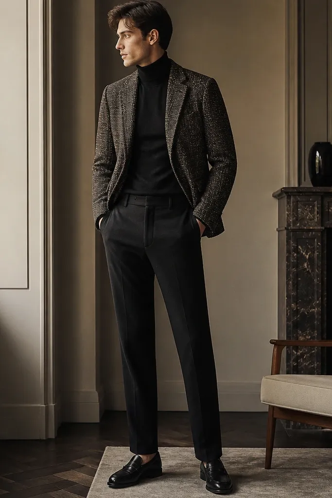 A tweed jacket with subtle multicolor flecks over a fitted black turtleneck, paired with straight black trousers and black leather loafers.