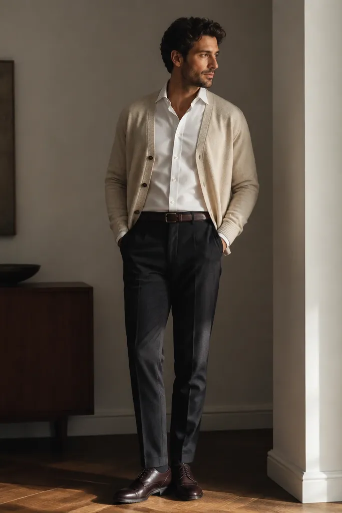 A cream cardigan layered over a crisp white button-down, paired with dark wool trousers; the outfit includes a slim brown leather belt and minimal leather dress shoes.