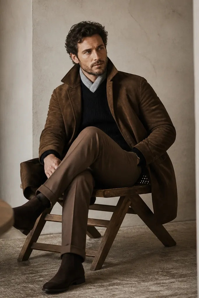A brown suede coat over a black knit sweater with tobacco-colored trousers and dark brown suede boots; a light gray knit scarf peeks out at the neck.