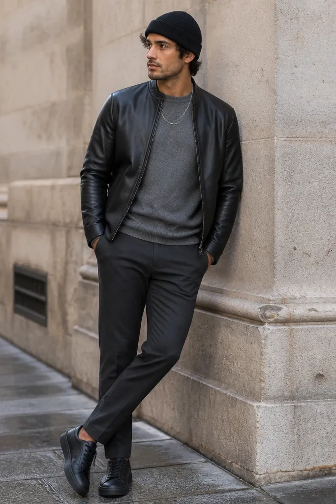 A black leather jacket worn over a gray cashmere-blend crewneck, with charcoal chinos and clean black sneakers; the styling includes a simple silver chain and a dark beanie.