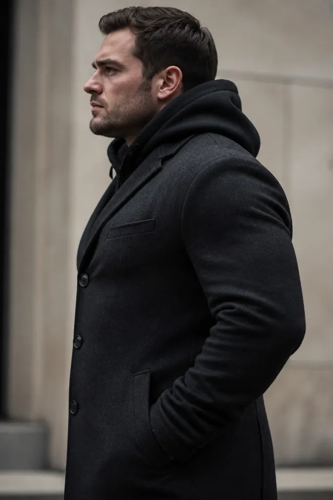 A man in a dark hoodie under a fitted wool overcoat; the coat buttons pull tight across the chest and the hoodie sleeves bunch at the wrists. The photo is taken from the side to show bulk and restriction.
