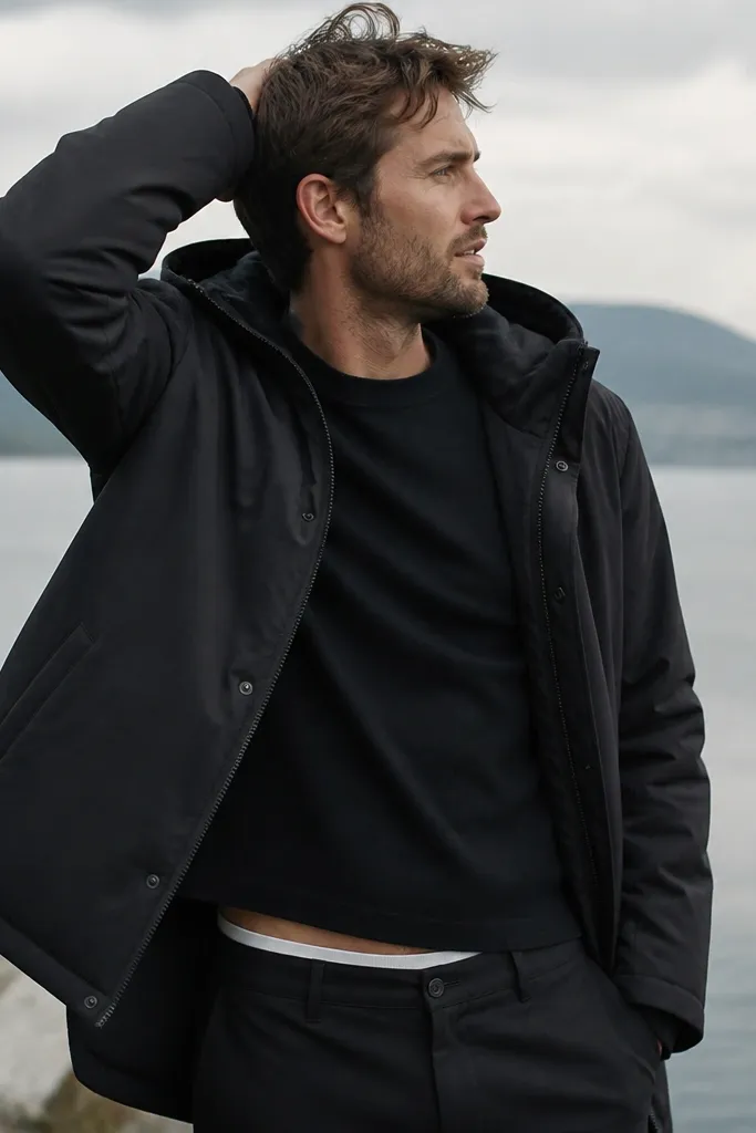 A man wearing a plain black T-shirt under a dark winter jacket; you can see a thin shirt hem at the waist and slightly lifted fabric at the side when he raises his arm.