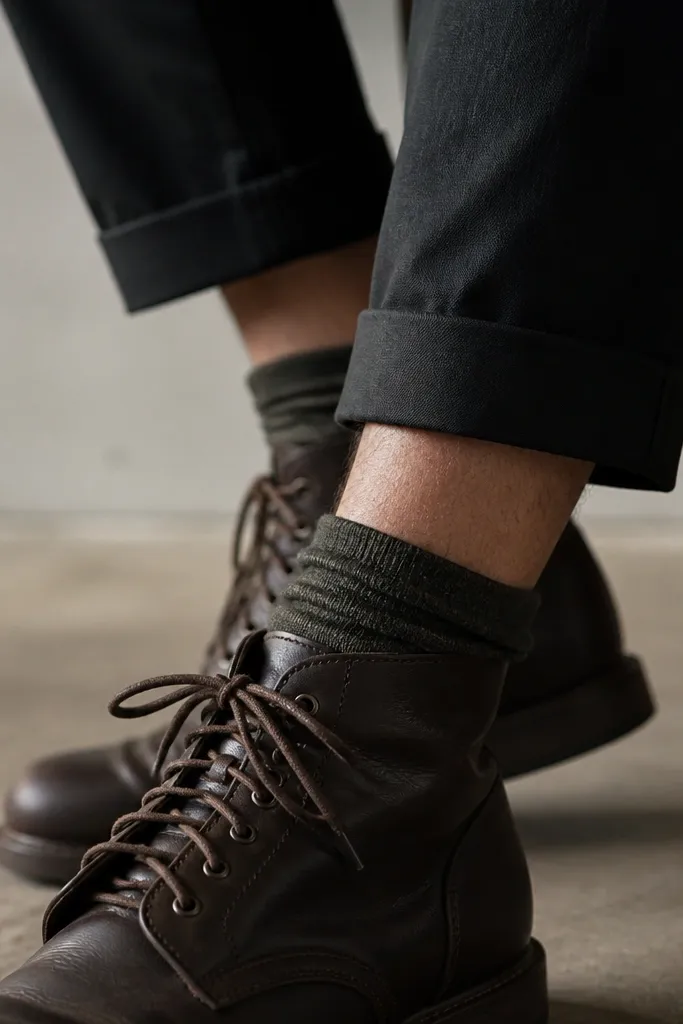 Close-up of ankles: a man in dark chinos and boots with visible skin between sock and boot cuff. The sock is short and bunches slightly above the ankle.