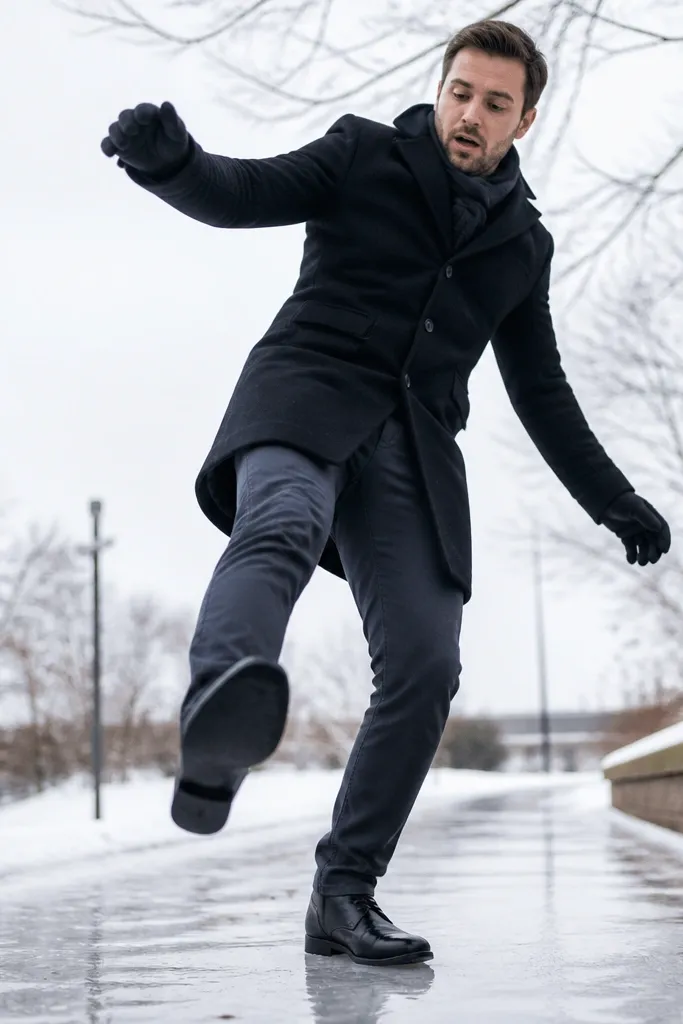 A man stepping on a sidewalk with a thin layer of ice; the boots have flat, smooth soles. The angle shows the sole pattern is minimal and glossy.