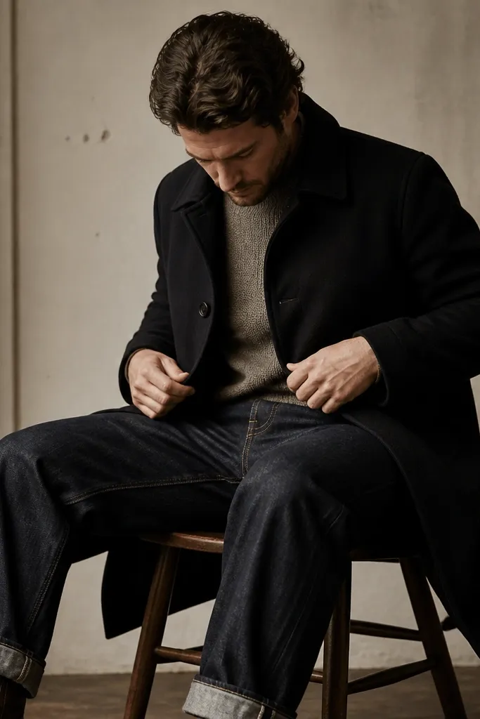 A man wearing heavy indigo jeans under a long coat; the jeans look rigid and bulky at the thighs. The photo shows the coat opening slightly at the waist when he sits.
