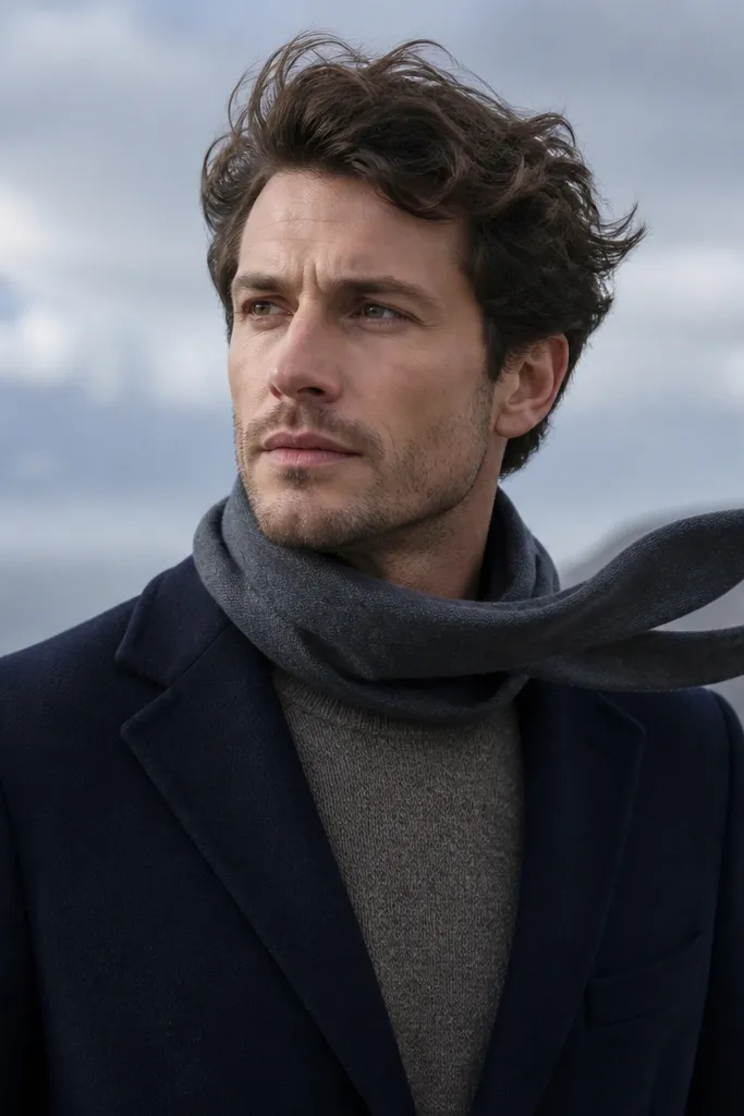 A man wearing a short, narrow scarf loosely around the neck; the ends barely reach the front and lift away from the face. The background shows cold wind.