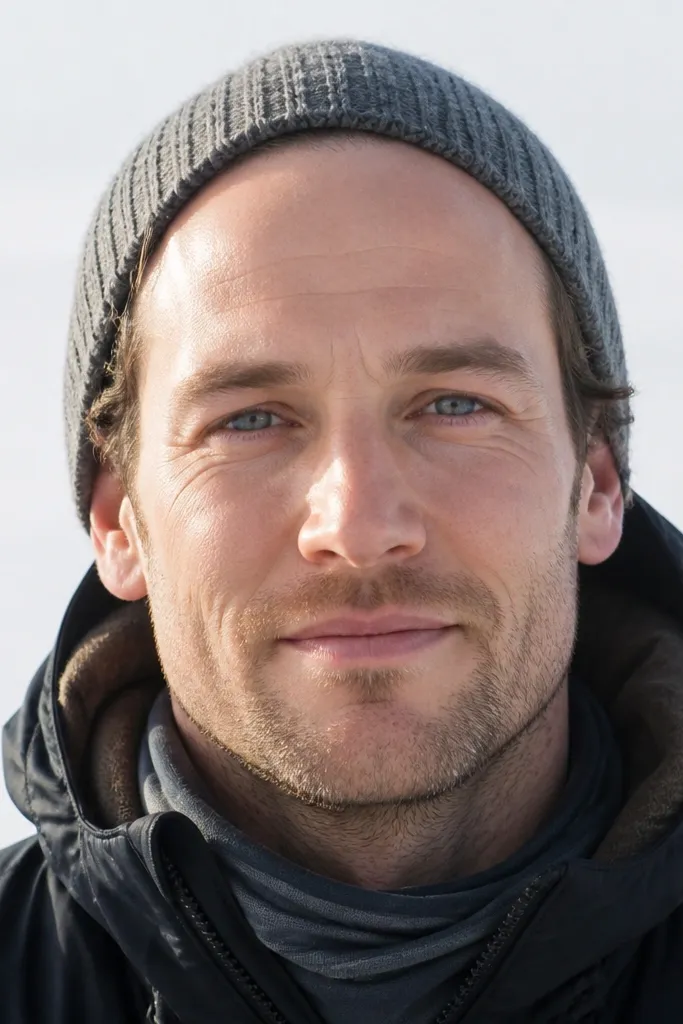 A man wearing a knit beanie; the beanie edge sits high on the forehead and leaves the temples and forehead exposed. The photo is taken from the front with bright winter light.
