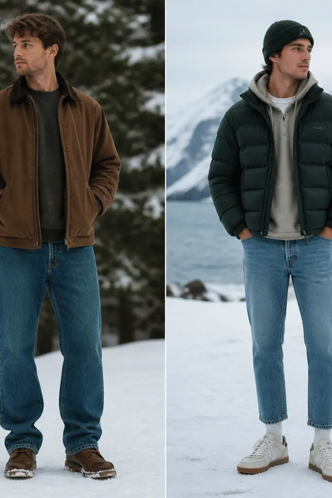Two-panel image: left shows jeans pooling over the boot top; right shows jeans ending above the ankle with a gap over the sneaker. Both men are outdoors in snow.