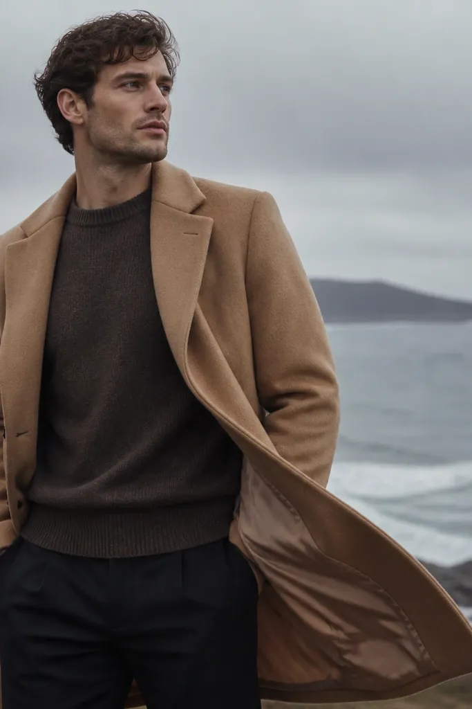 A man in a camel wool overcoat; the coat looks elegant but the inside lining appears thin and you can see the jacket doesn’t fully shield the torso. The coat hangs open in a cold wind shot.