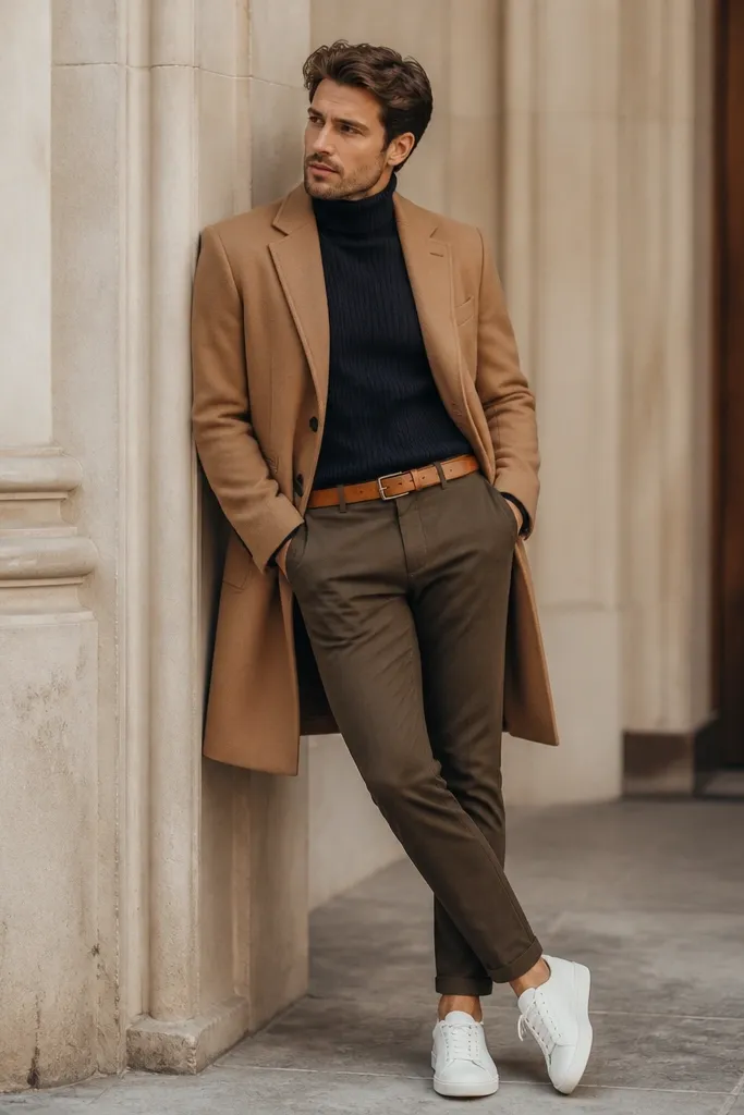 A man in a navy ribbed turtleneck with a camel topcoat over slim olive-brown chinos. He wears minimal white leather sneakers and a tan belt that matches the topcoat tone.