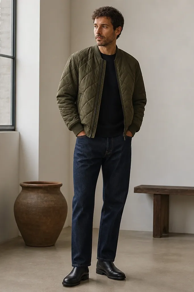 A man wearing an olive quilted bomber jacket over a black crewneck sweatshirt. He pairs it with straight-leg dark indigo jeans and black Chelsea boots; the look is mostly solid colors with no logos.