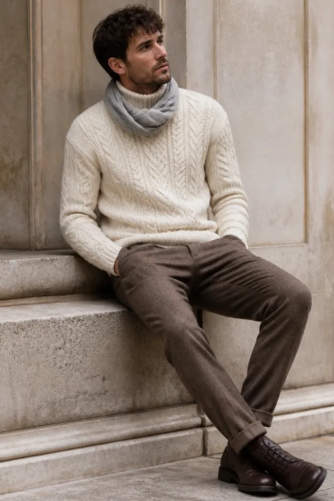 A man wearing a cream cable-knit sweater with a slightly high neckline, paired with brown wool trousers. He has on dark leather boots and a light gray scarf that sits loosely at the neck.