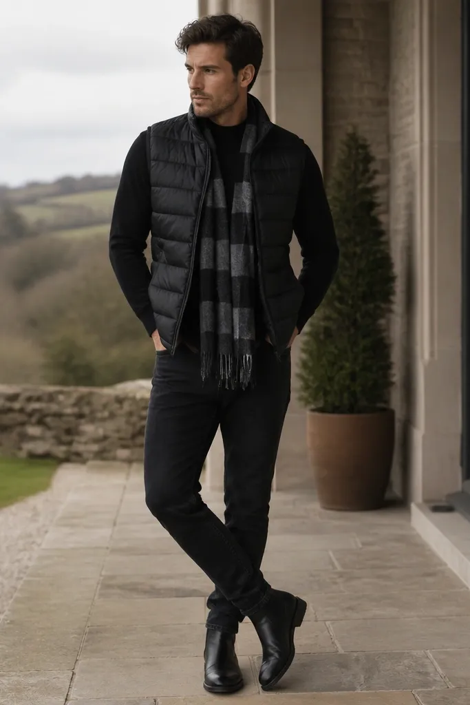A man in a black quilted puffer vest over a black long-sleeve base layer and a dark sweater. He adds a wool scarf with muted plaid in gray and black, and wears black jeans and black boots.