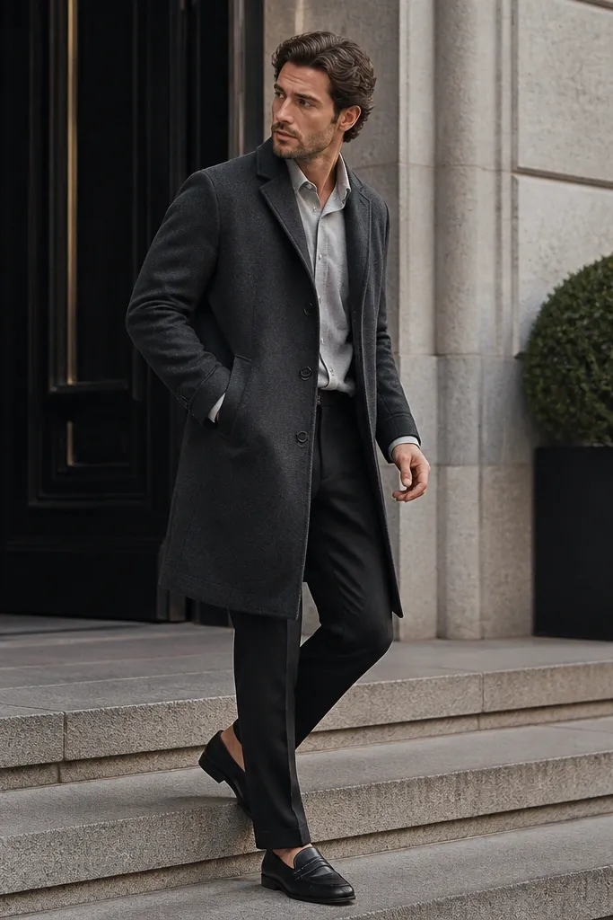 A man wearing a light gray flannel button-down visible at the collar and cuffs, layered under a charcoal overcoat. He pairs it with dark tapered trousers and black leather loafers; the look is clean and office-ready.