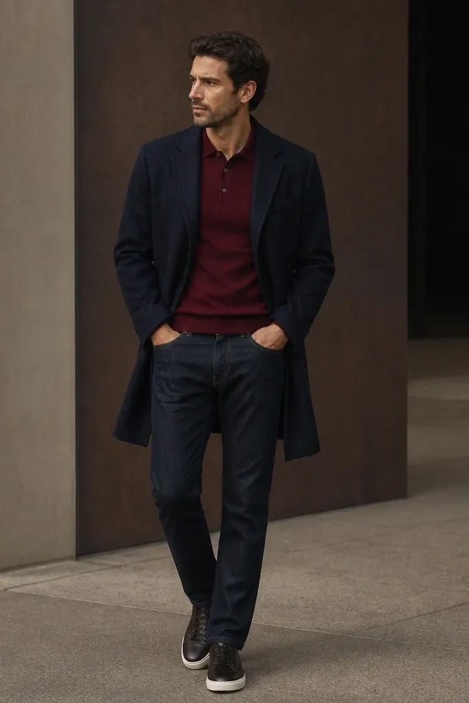A man in a burgundy merino knit polo under a dark navy overcoat. He wears dark jeans and minimalist leather sneakers; the only standout color is the polo.