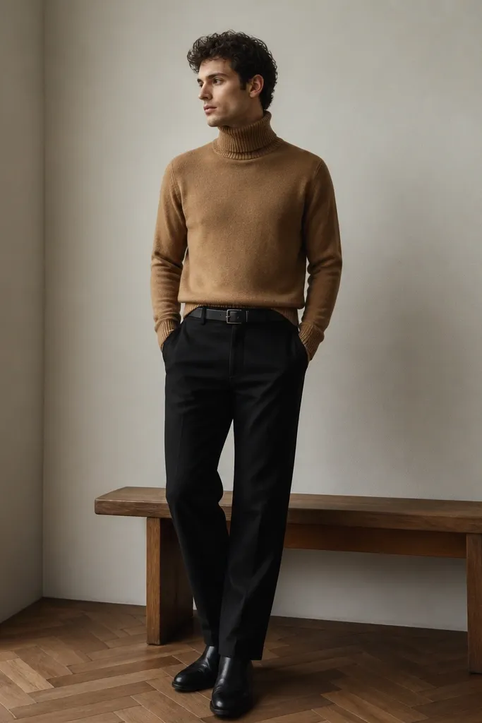 A man in a camel knit turtleneck with a soft matte texture, paired with black straight-leg trousers. A black leather belt and black boots complete the look; everything is solid and minimal.