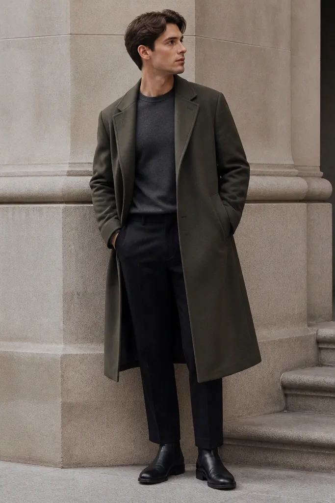 A man wearing a plain, stripeless long-sleeve base layer in deep gray under an olive long overcoat. He pairs it with black Chelsea boots and dark trousers; no visible branding or patterns.