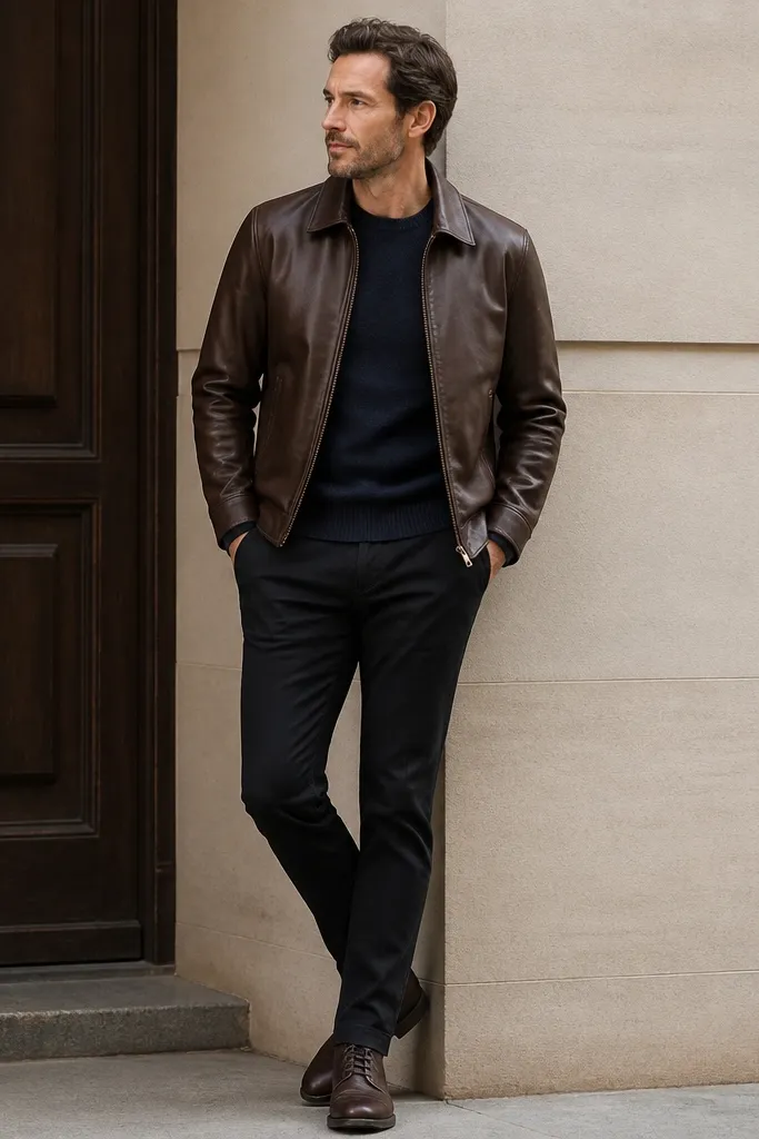 A man wearing a navy crewneck sweater under a brown leather jacket. He has black tapered pants and dark brown lace-up boots; the layering shows clean hems and no bulky seams.