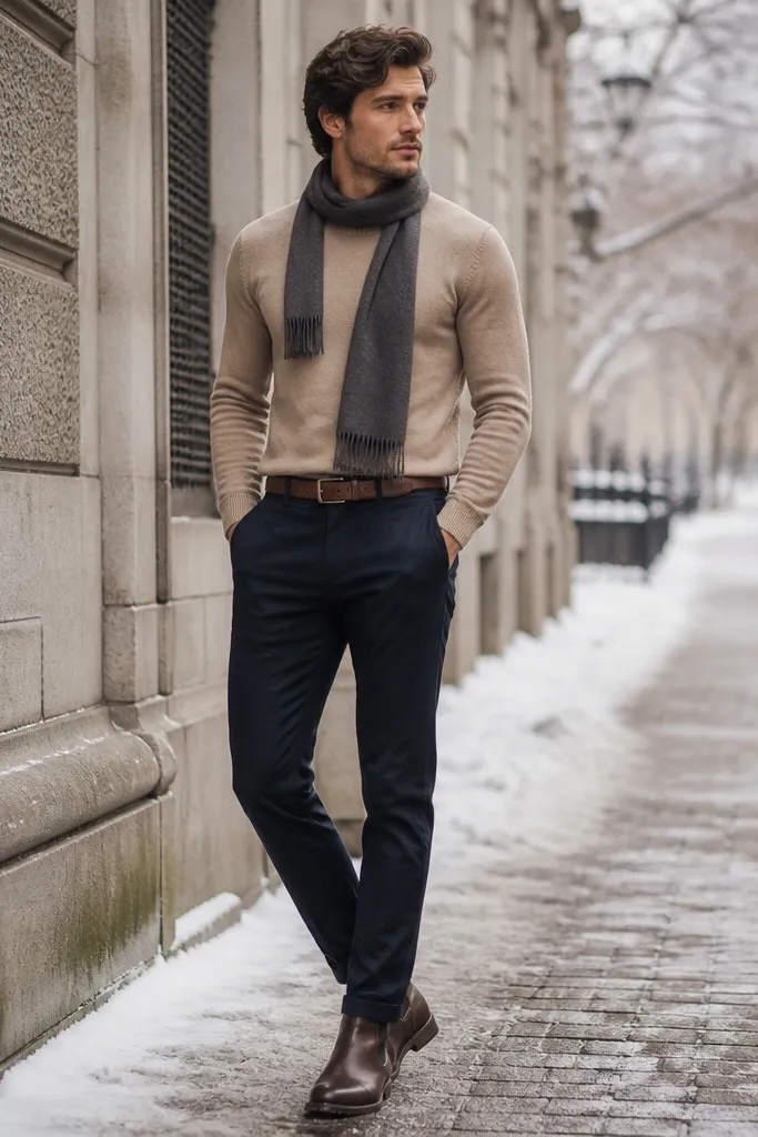 An oat-colored crewneck sweater tucked into navy chinos, with brown Chelsea boots and a slim belt; the background shows a snowy sidewalk and a wool scarf.