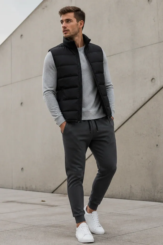 A matte black puffer vest over a heather gray long-sleeve shirt, paired with dark charcoal joggers and clean white sneakers.