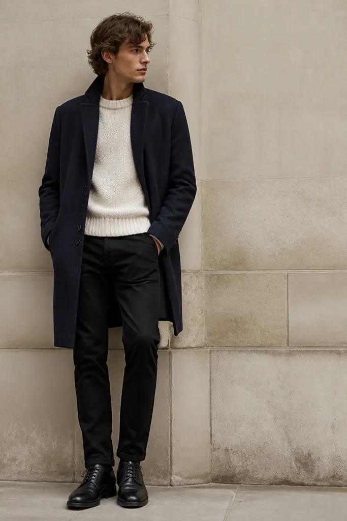 A navy wool coat worn over a cream knit sweater, with black denim jeans and minimal leather lace-up shoes.