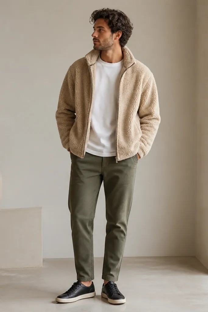 A beige teddy fleece jacket over a plain white T-shirt, paired with olive tapered pants and minimalist black sneakers.