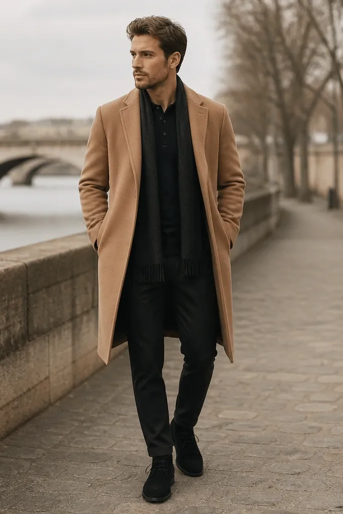 A camel overcoat over a dark merino henley, with black chukka boots and a thin knit scarf in the same dark tone.