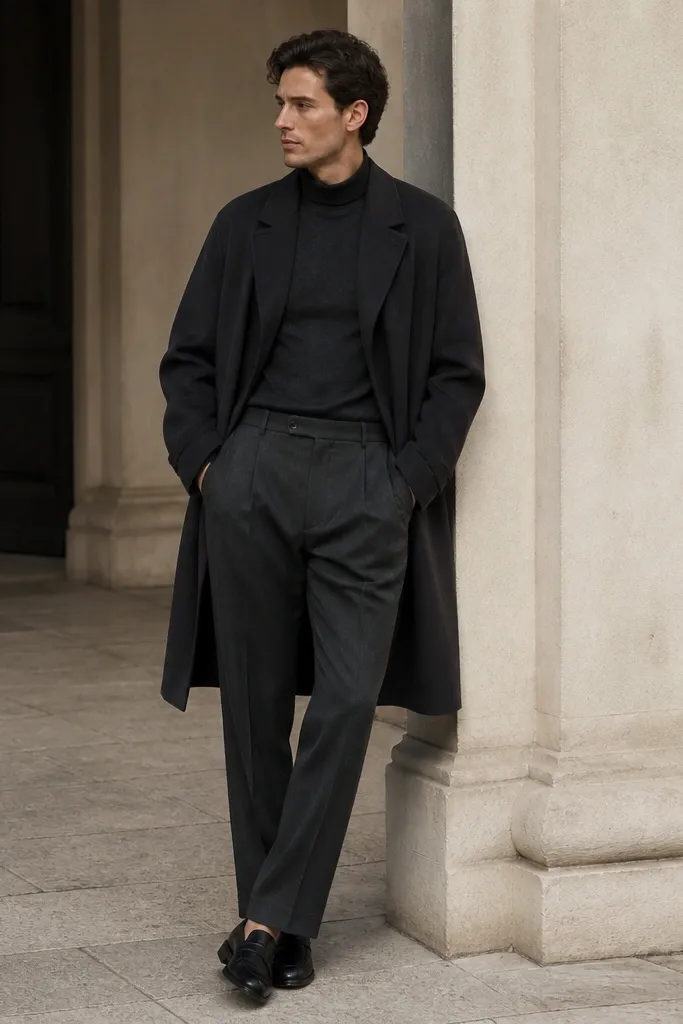 A dark graphite mock-neck technical knit top tucked into graphite wool trousers, with a long overcoat and sleek leather loafers.