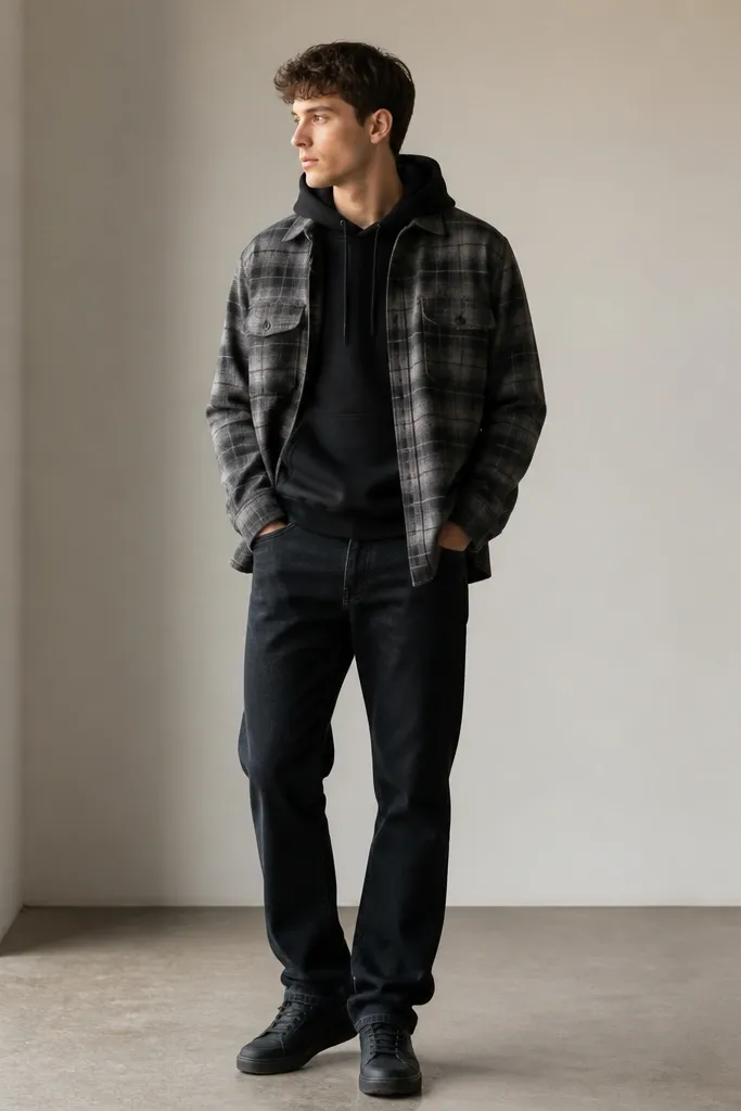 A gray flannel overshirt worn open over a black hoodie, with straight-leg blue-black jeans and dark sneakers.