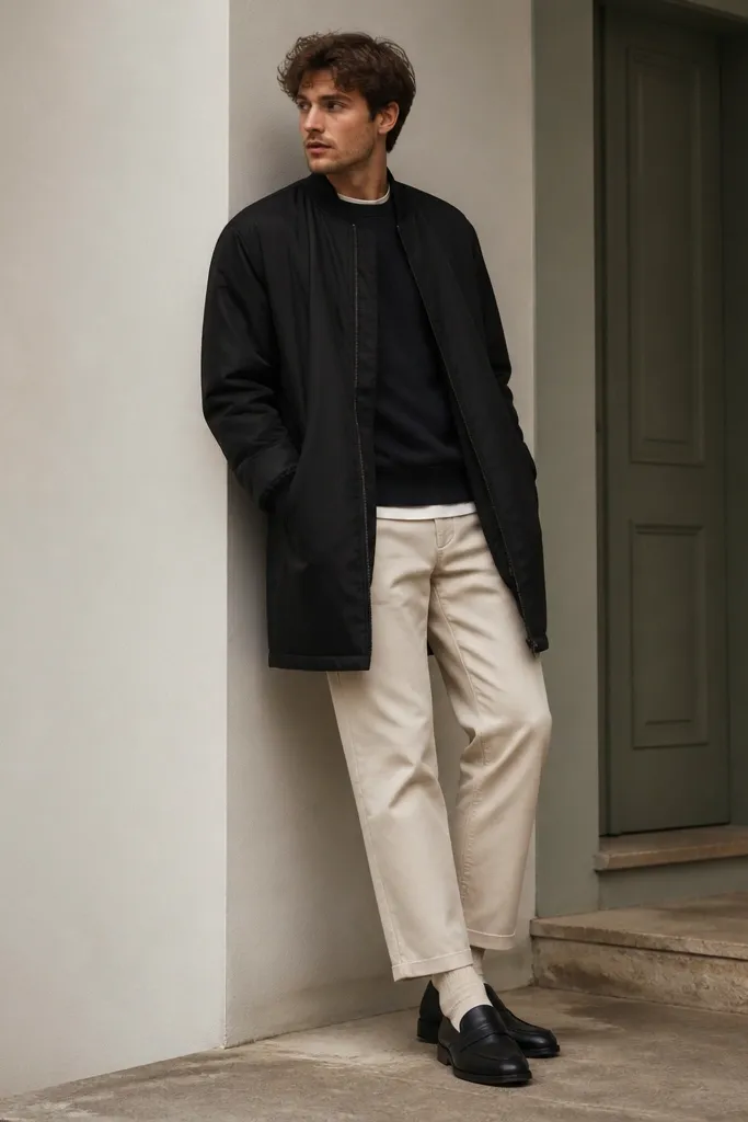 A longline bomber jacket over a layered crewneck, with subtle oat socks visible above black loafers.