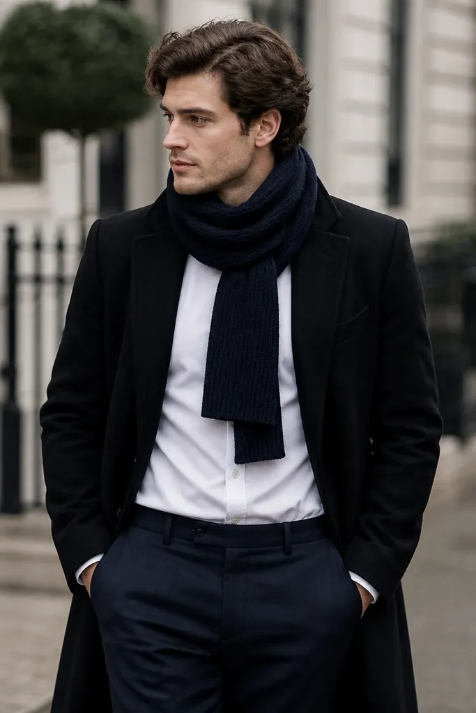 A crisp white button-down under a black overcoat, with a navy knit scarf wrapped neatly and dark trousers.