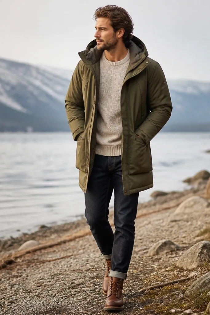 An olive insulated parka with a neutral knit sweater underneath, dark denim jeans, and brown leather boots.