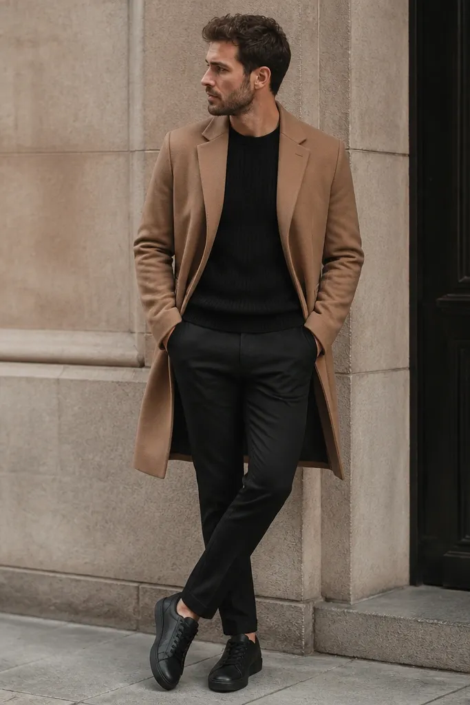 A black ribbed sweater under a camel overcoat, paired with slim tapered pants and minimal black sneakers.