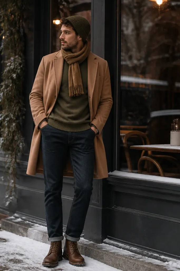 A man in front of a winter café window wearing an olive crewneck wool sweater, a camel overcoat, dark-wash jeans, and brown leather lace-up boots. He has a tan scarf wrapped at the neck and a simple beanie.