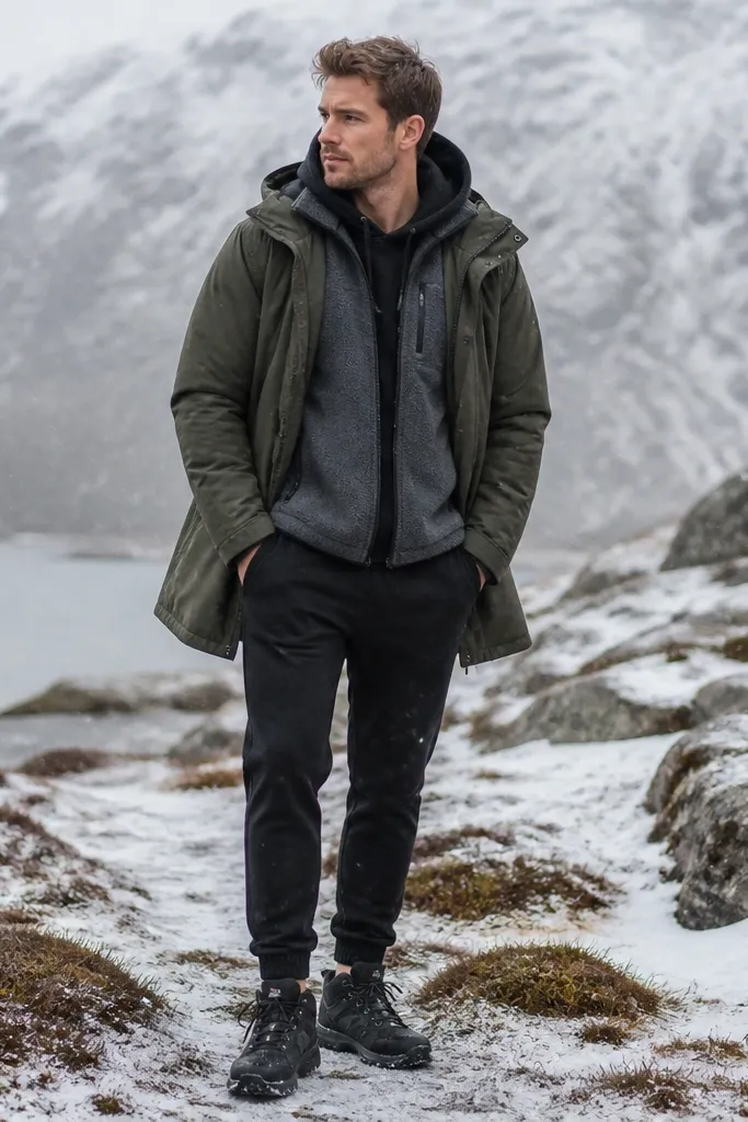 A man outdoors in light snow wearing a black hoodie under a gray fleece vest, finished with a waterproof green parka with a hood. He’s in black joggers and black waterproof trail shoes.