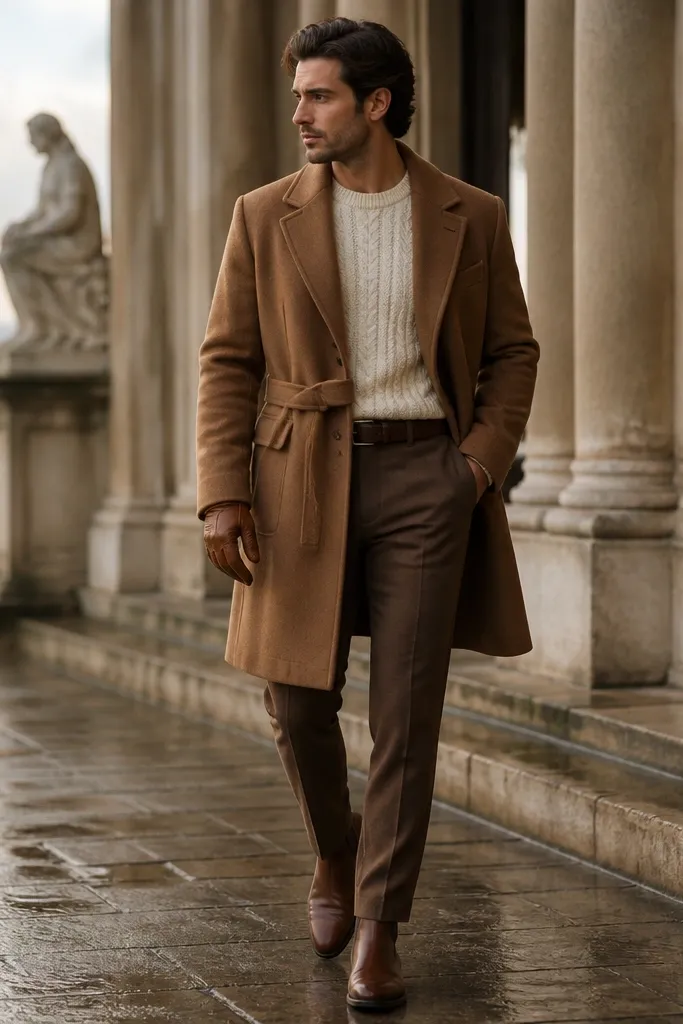 A man wearing a cream cable-knit sweater tucked into straight brown chinos, topped with a belted camel-brown coat. He has a dark leather belt, tan gloves, and clean leather boots.
