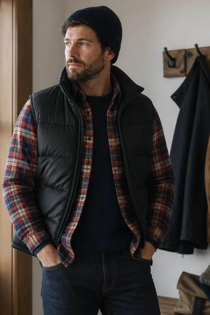 A man standing indoors near a coat rack wearing a navy thermal top under a red-and-blue plaid button-down, layered with a black puffer vest. He’s wearing dark jeans and a knit watch cap.