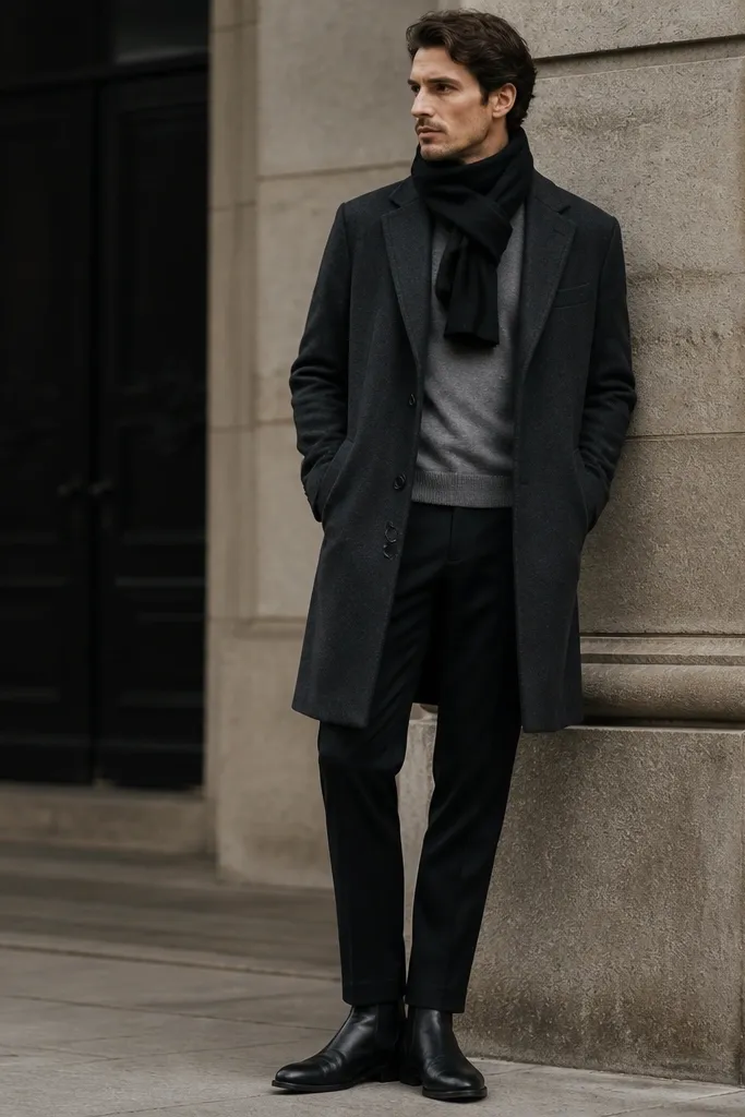 A man wearing a gray mock-neck sweater under a charcoal overcoat, paired with black straight-leg pants and black leather boots. A black scarf wraps neatly at the throat.