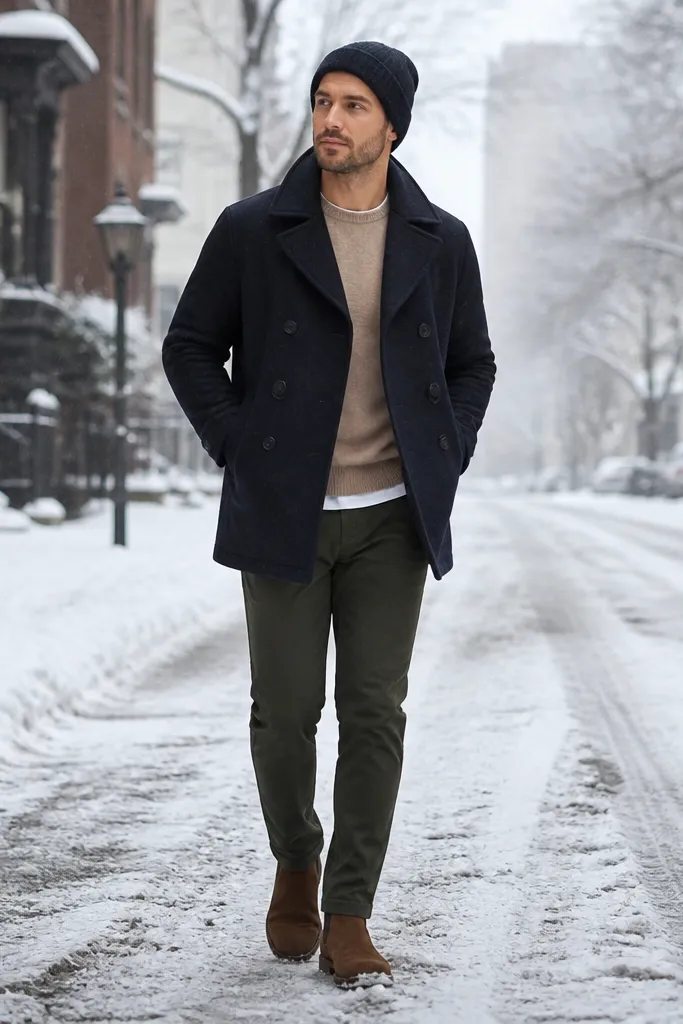 A man on a snowy street wearing a tan crewneck sweatshirt with the hem peeking out, a navy peacoat, dark green chinos, and brown suede boots. He wears a navy knit beanie.