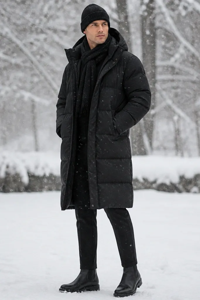 A man dressed entirely in black: fitted thermal, long black puffer coat, black trousers, and waterproof dress boots. He has a black scarf and a black beanie, standing in falling snow.