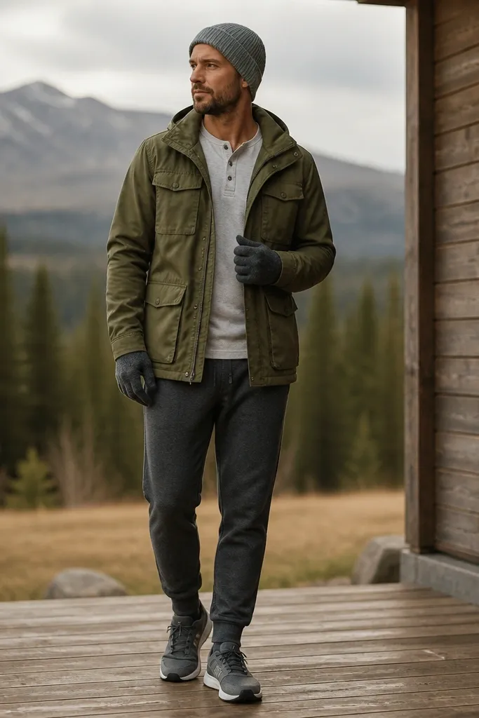 A man wearing a light gray henley shirt under an olive utility jacket, with charcoal joggers and gray sneakers. He’s wearing gloves and a simple gray beanie.