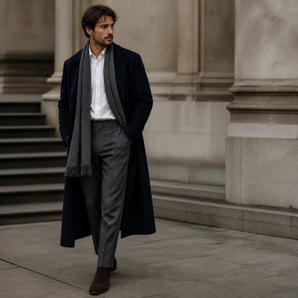 A long deep navy overcoat over a white button-down oxford shirt, paired with gray flannel trousers; brown suede boots; a slim scarf in a muted gray tone.