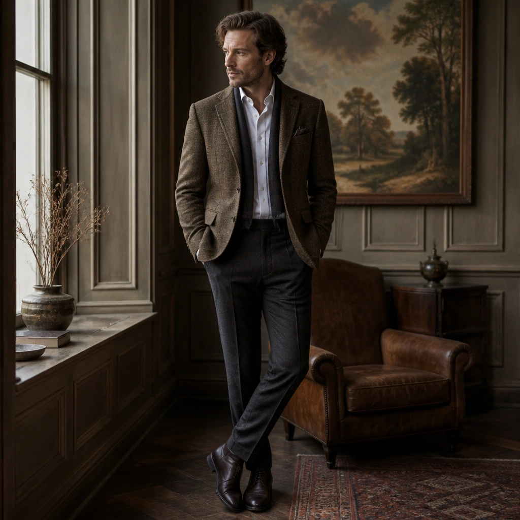 A structured tweed blazer in olive-brown with subtle flecks, worn over a crisp white dress shirt and dark trousers; chukka boots in dark leather; a wool scarf partially visible.