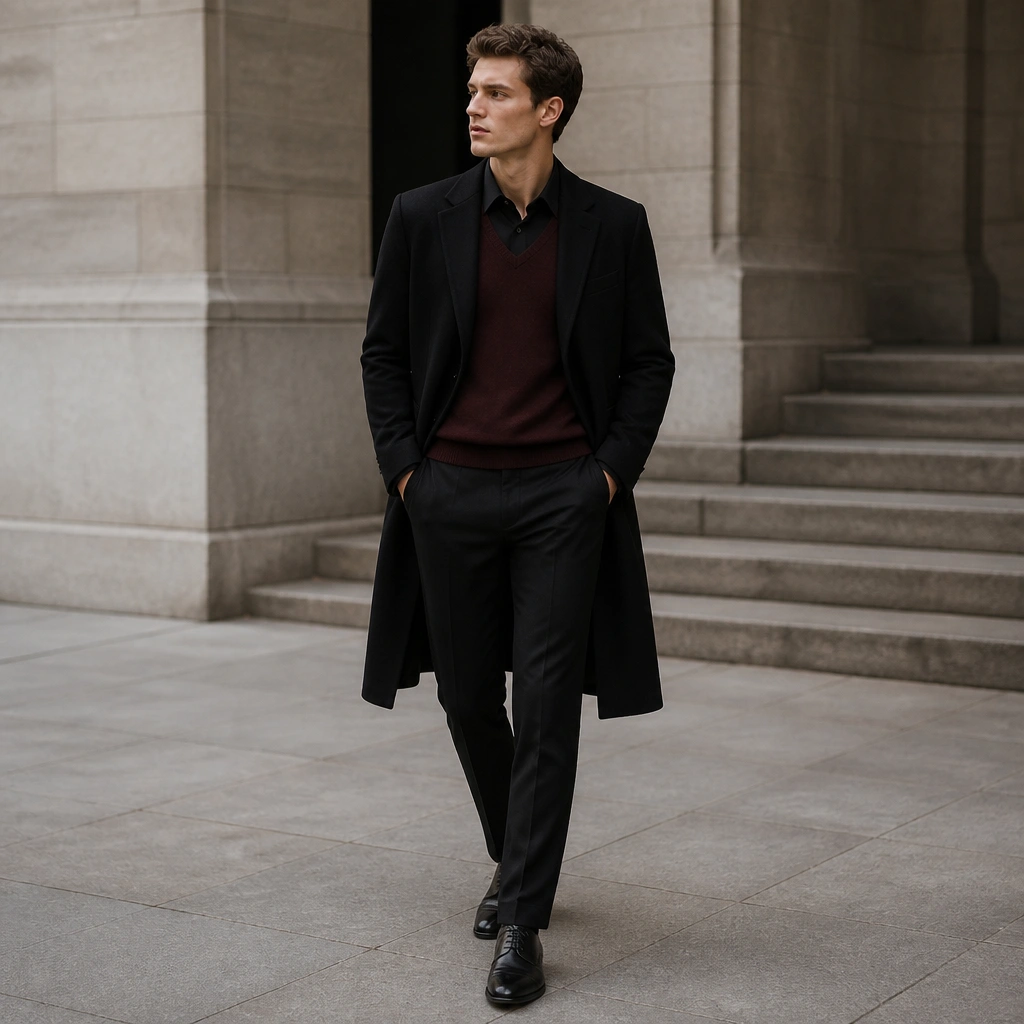 A long black overcoat layered over a burgundy sweater vest and a black dress shirt; black tailored trousers; polished black leather shoes; a clean, straight neckline.