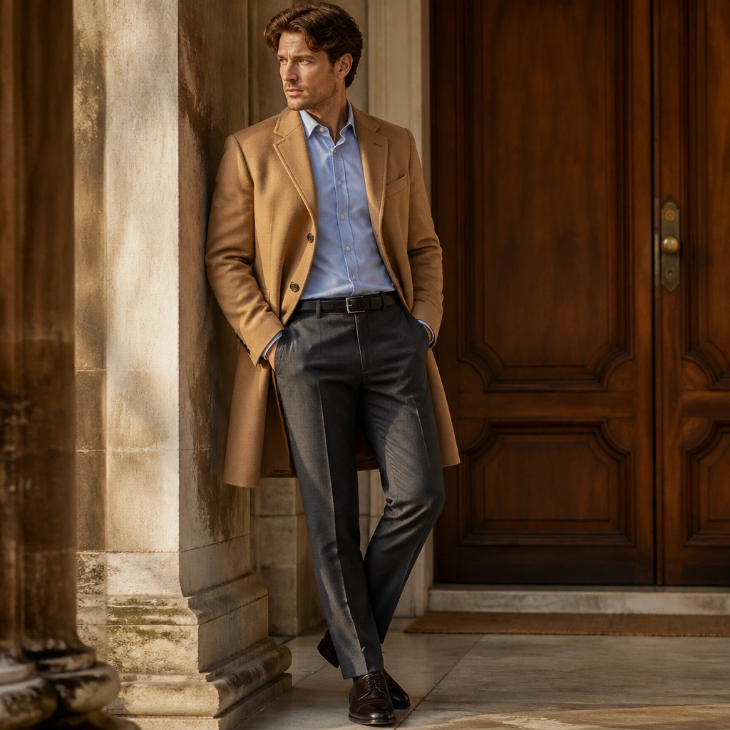 A camel topcoat over a light blue oxford shirt, paired with charcoal trousers; a simple black leather belt and dark oxford shoes; warm-toned lighting highlights the camel fabric.