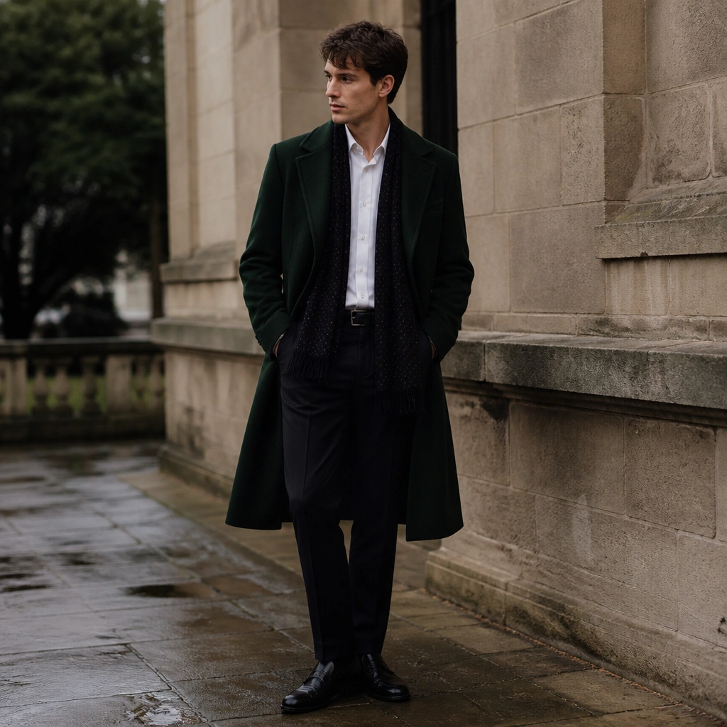 A forest green overcoat with a wool-like texture layered over a white button-down shirt and black trousers; black leather shoes; a dark scarf with small patterning.