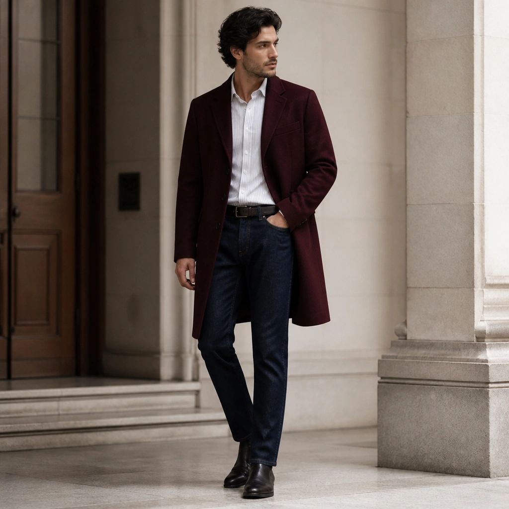 An oxblood red overcoat layered over a white pinstripe shirt; dark indigo jeans with a clean taper; dark leather boots; minimal belt and no loud patterns.
