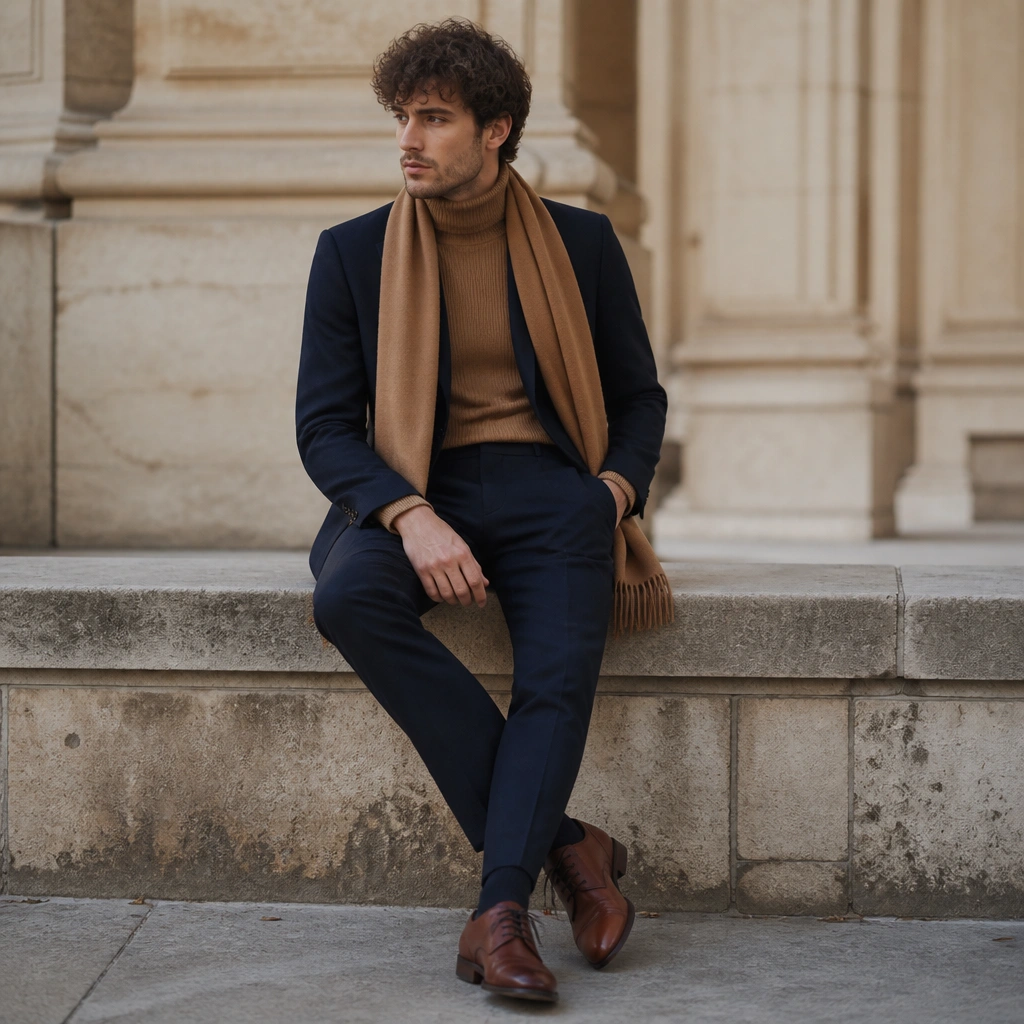 A camel ribbed turtleneck under a navy blazer; tailored trousers in dark navy; brown leather derby shoes; a wool scarf in a muted camel tone.
