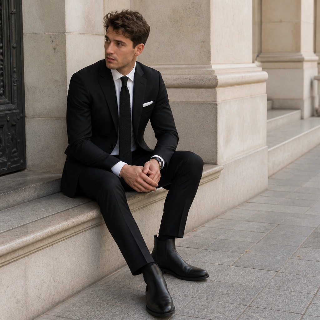 A black suit paired with a textured knit tie; black matte Chelsea boots; a white shirt with a structured collar; a subtle pocket square.